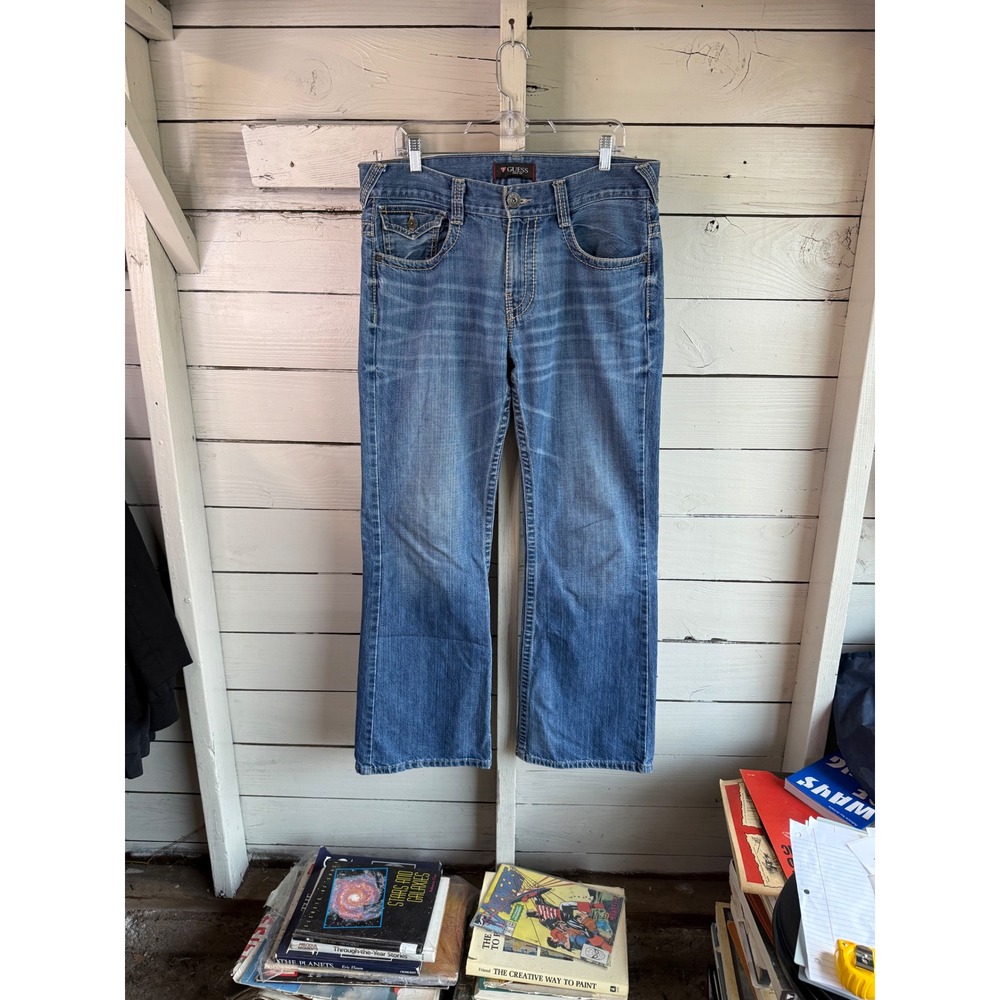 Guess Mens Bootcut Jeans Medium Wash Flap Pocket Denim 34x32